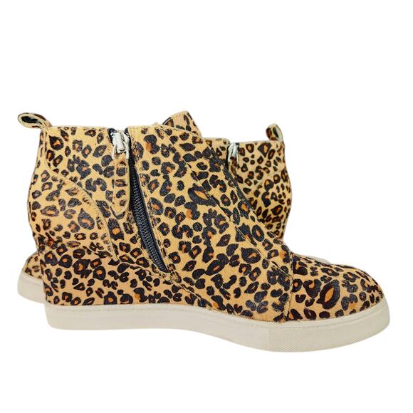 Linea Paolo Wedge Sneakers sz 9M Women Leopard‎ Print Fur Calf Hair Beige Orange - Picture 7 of 12